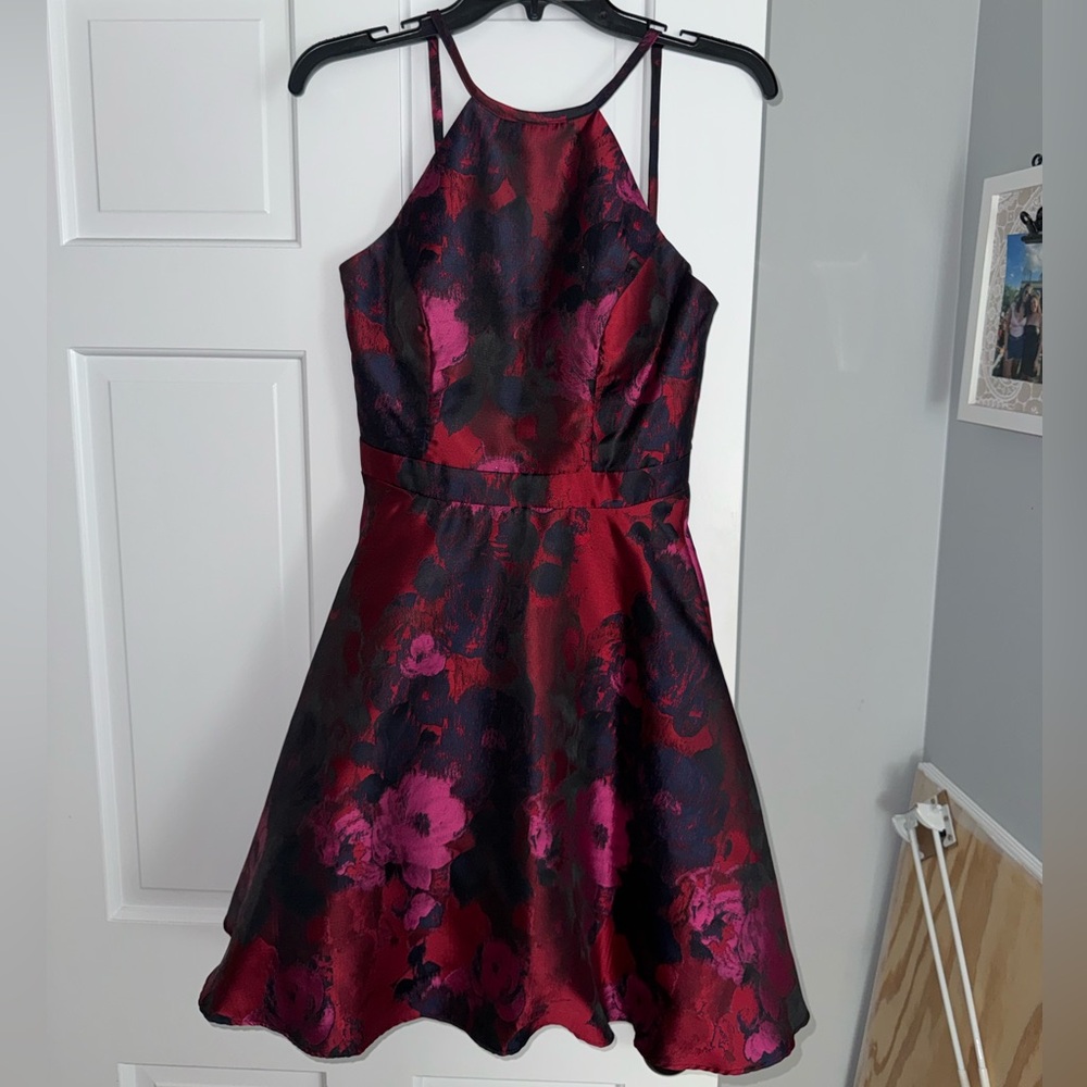 Xscape Red and Pink Floral Prom Dress